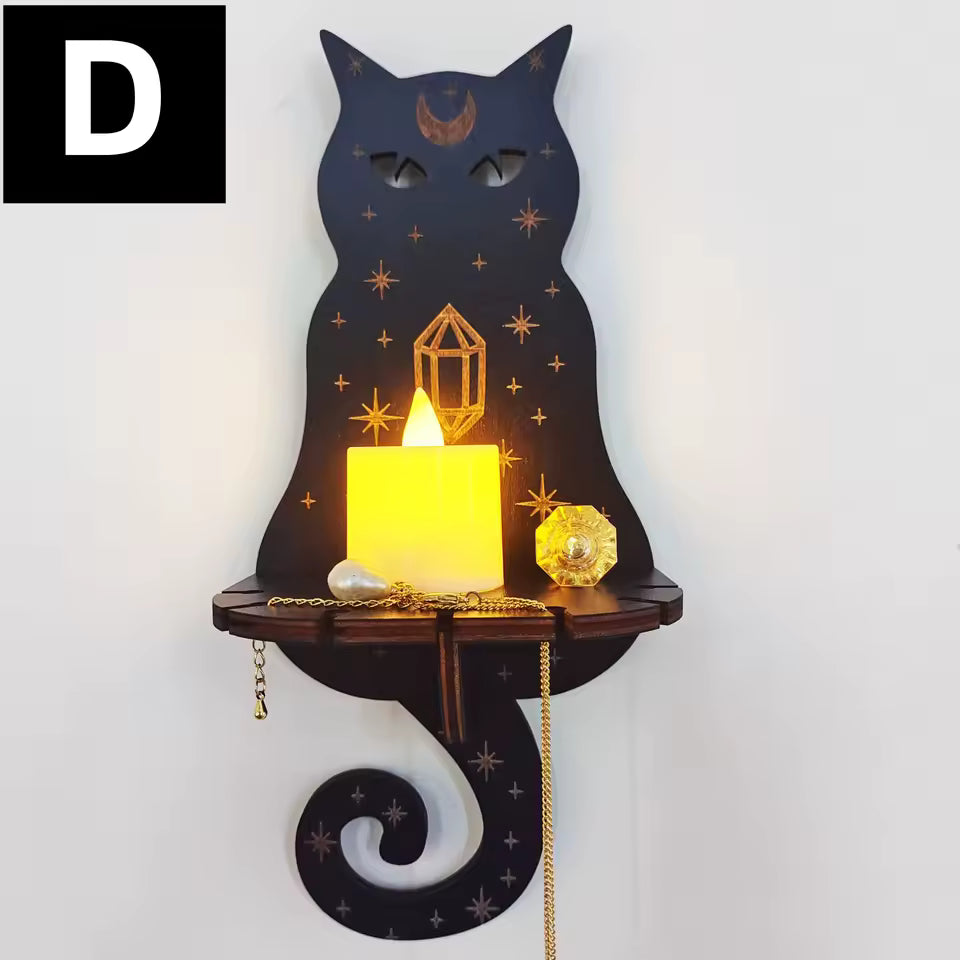 Cat mystical wall shelf with crystal and candle - boho home decor - MysticGems
