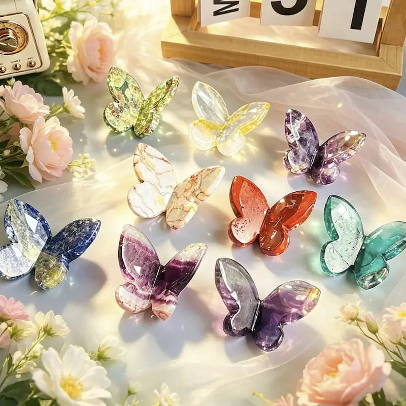 Natural crystal butterfly sculptures collection on white veil with pink flowers - gemstone gift - MysticGems
