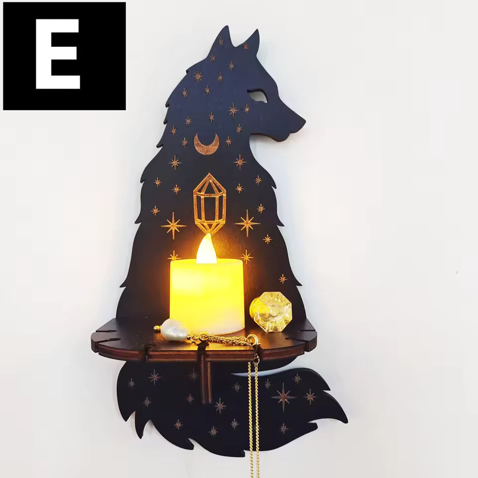 Wolf mystical wall shelf with crystal and candle - boho home decor - MysticGems