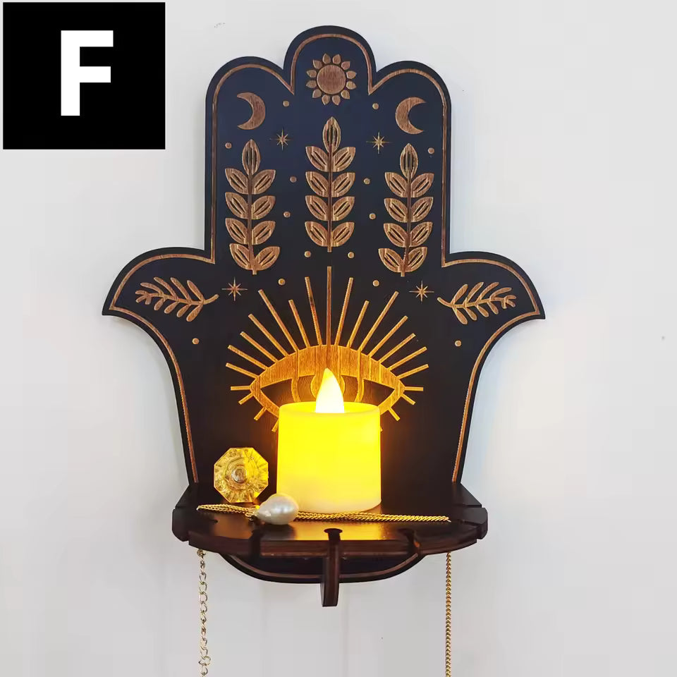 Palm mystical wall shelf with crystal and candle - boho home decor - MysticGems