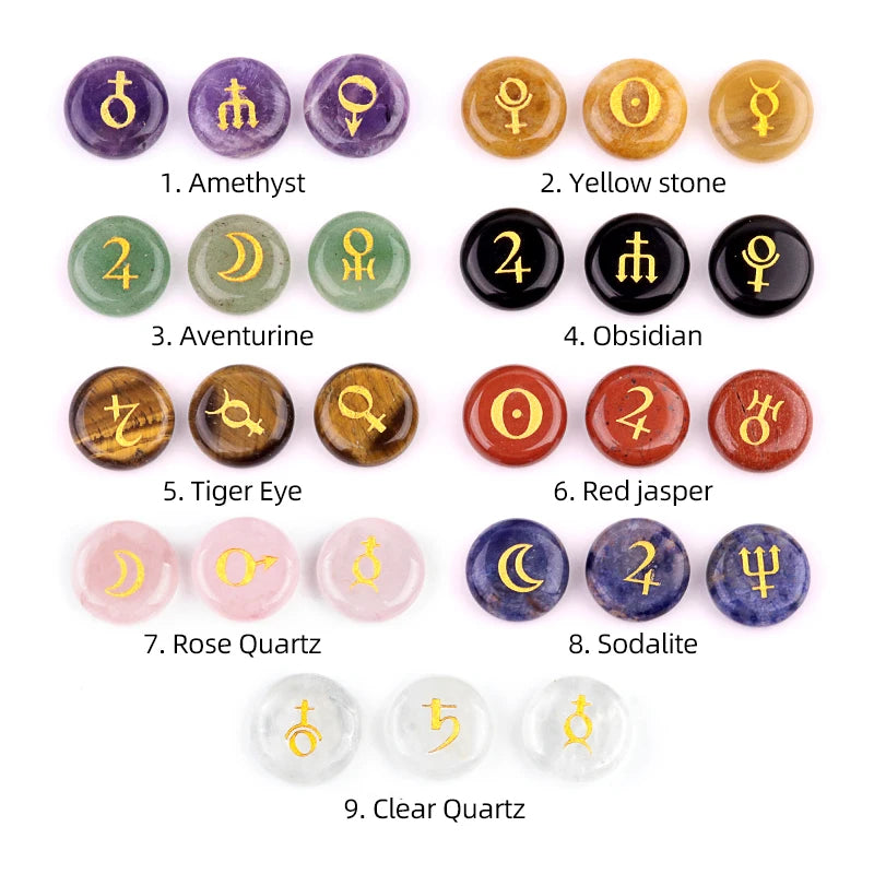 Astrology Planet Symbol Stone Set | 10 Natural Crystal Stones | Healing & Meditation Gift