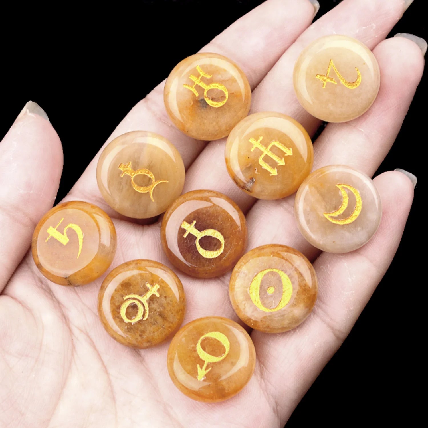Astrology Planet Symbol Stone Set | 10 Natural Crystal Stones | Healing & Meditation Gift