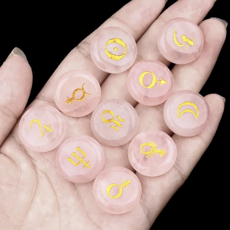 Rose quartz astrology planet symbol stone set in hand - golden planetary symbols - MysticGems