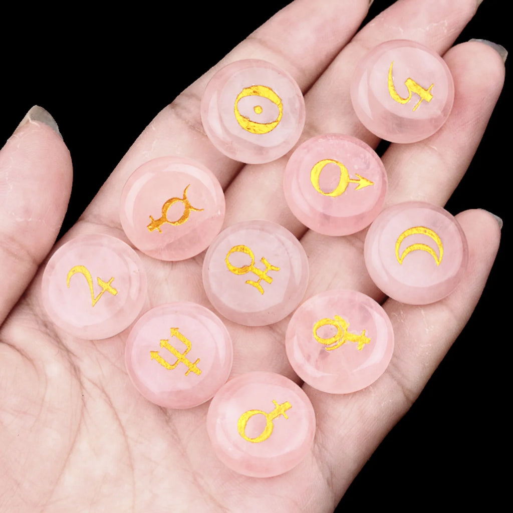 Astrology Planet Symbol Stone Set | 10 Natural Crystal Stones | Healing & Meditation Gift