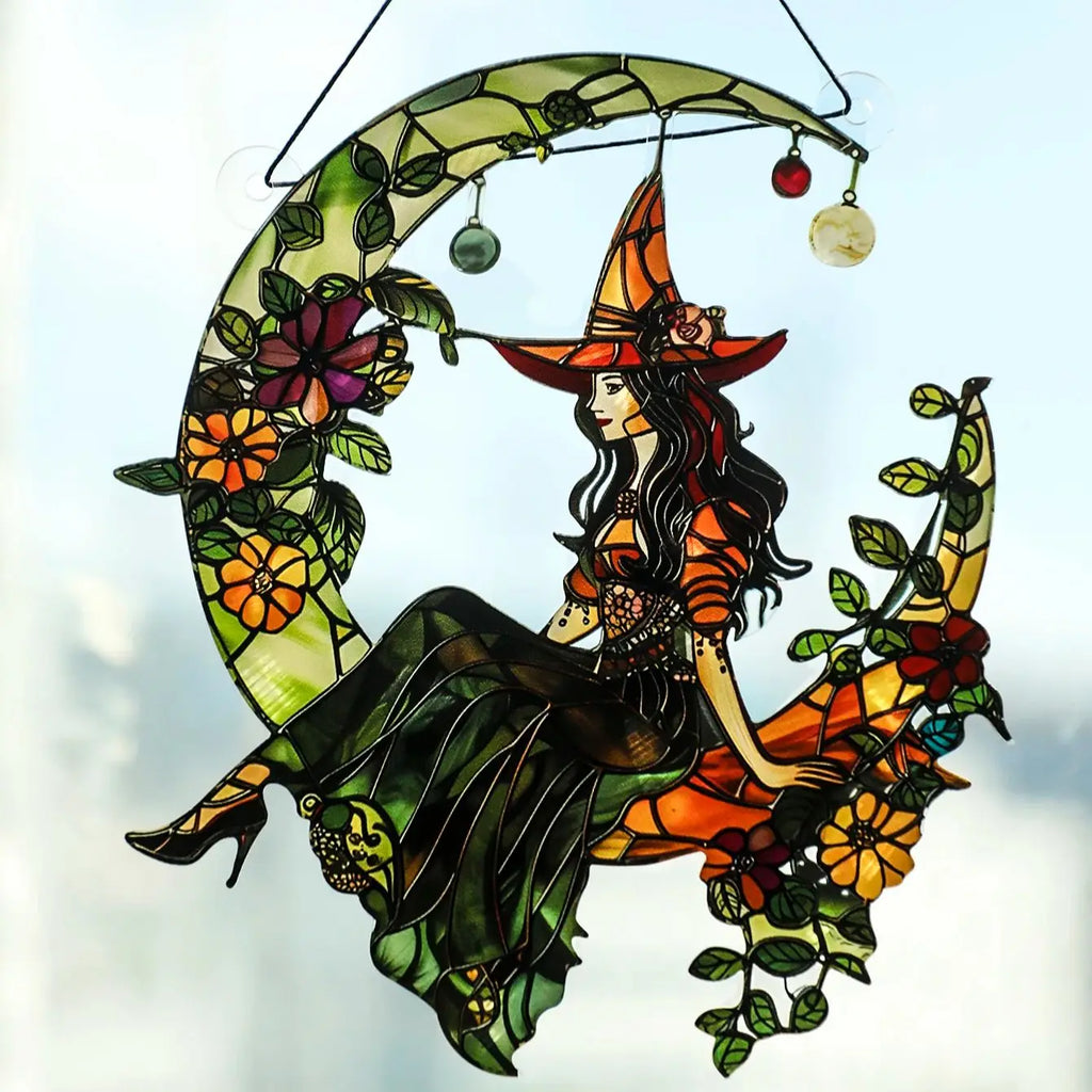 Mystical moon goddess suncatcher close up detail - premium acrylic stained glass effect - MysticGems