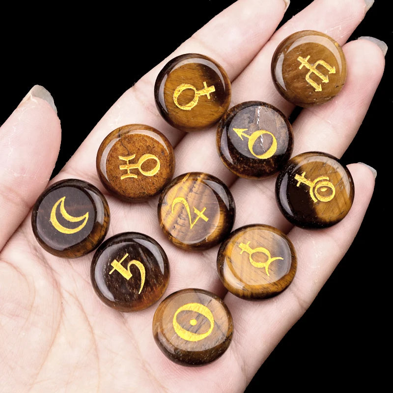 Astrology Planet Symbol Stone Set | 10 Natural Crystal Stones | Healing & Meditation Gift