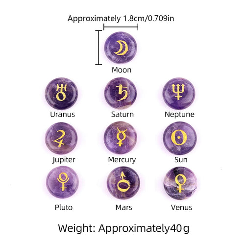 Astrology Planet Symbol Stone Set | 10 Natural Crystal Stones | Healing & Meditation Gift