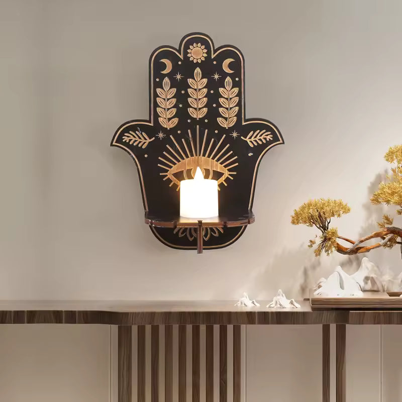 Palm boho zen ambiant mystical wall shelf with crystal and candle - boho home decor - MysticGems