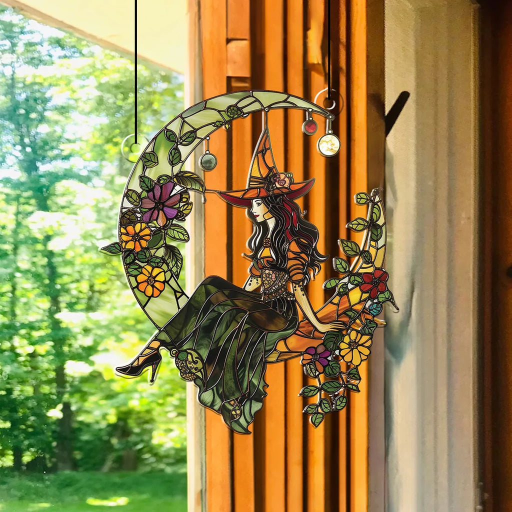 Mystical moon goddess suncatcher in nature setting - colorful boho window hanging - MysticGems