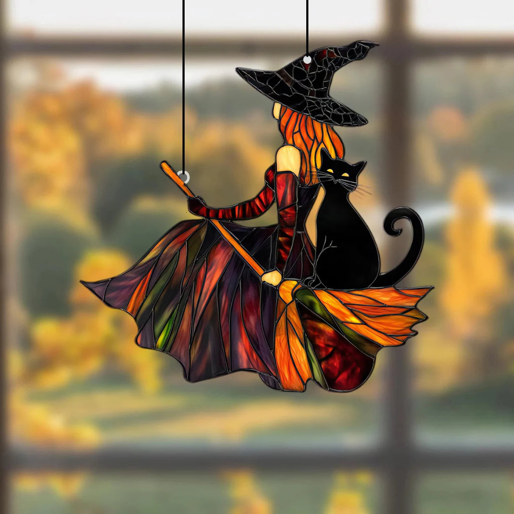 Mystical witch and black cat acrylic suncatcher hanging in autumn window - stained glass style - MysticGems