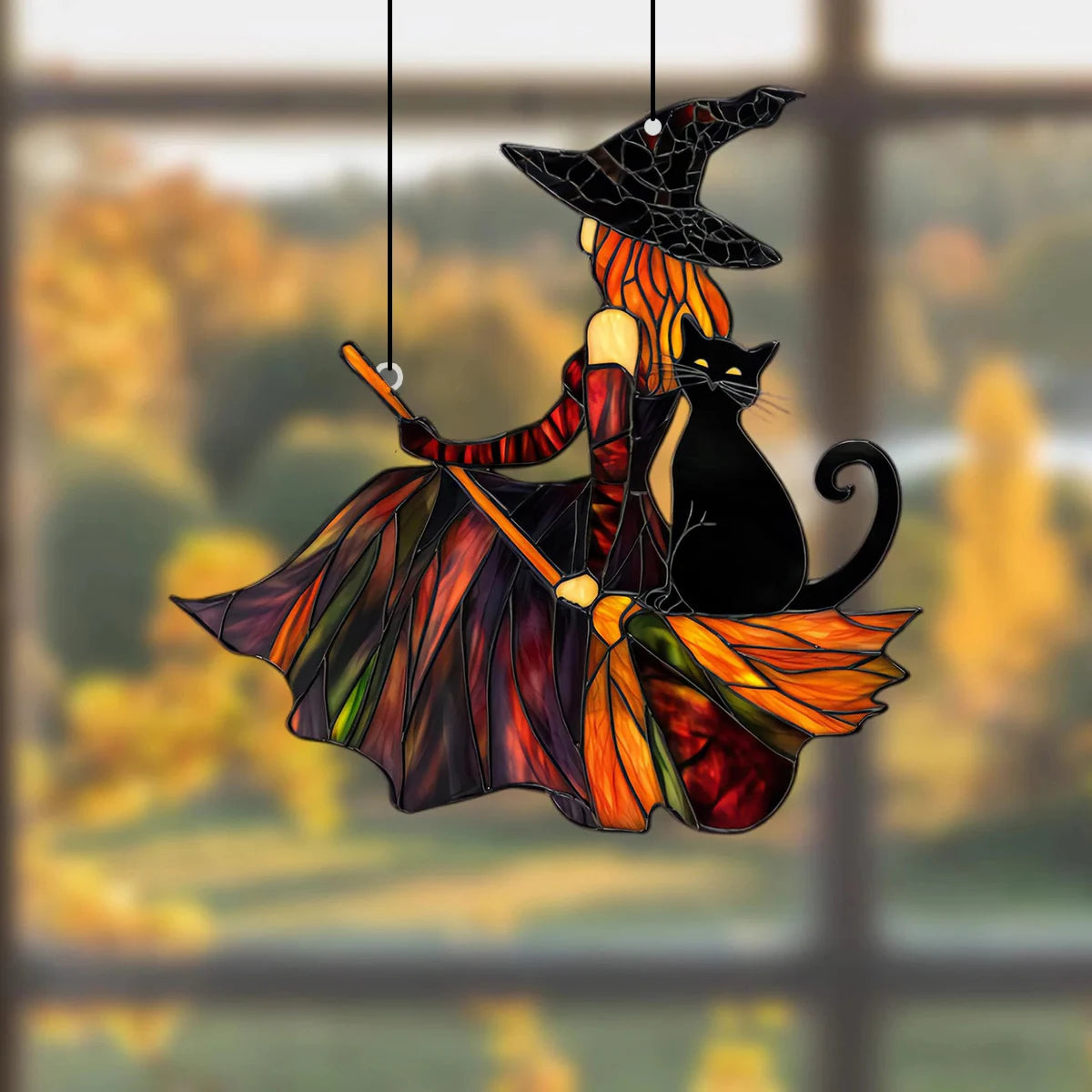 Mystical witch and black cat acrylic suncatcher hanging in autumn window - stained glass style - MysticGems