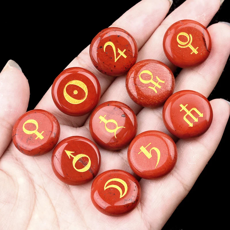 Astrology Planet Symbol Stone Set | 10 Natural Crystal Stones | Healing & Meditation Gift