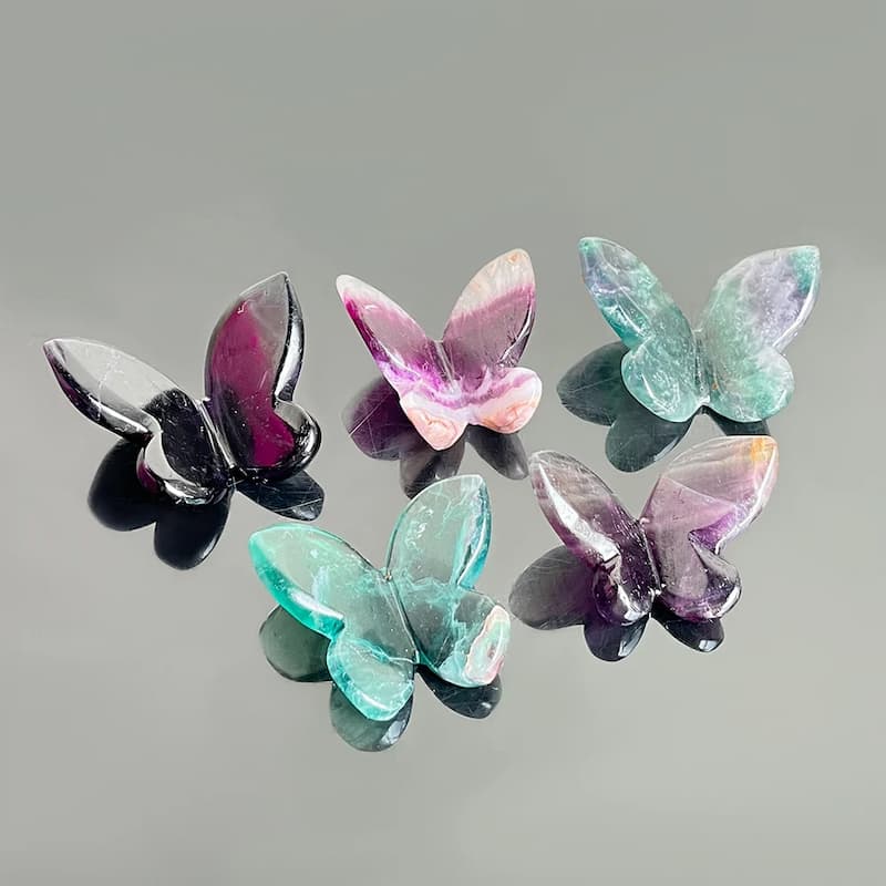 Five natural crystal butterfly sculptures - handcarved gemstone collection - MysticGems