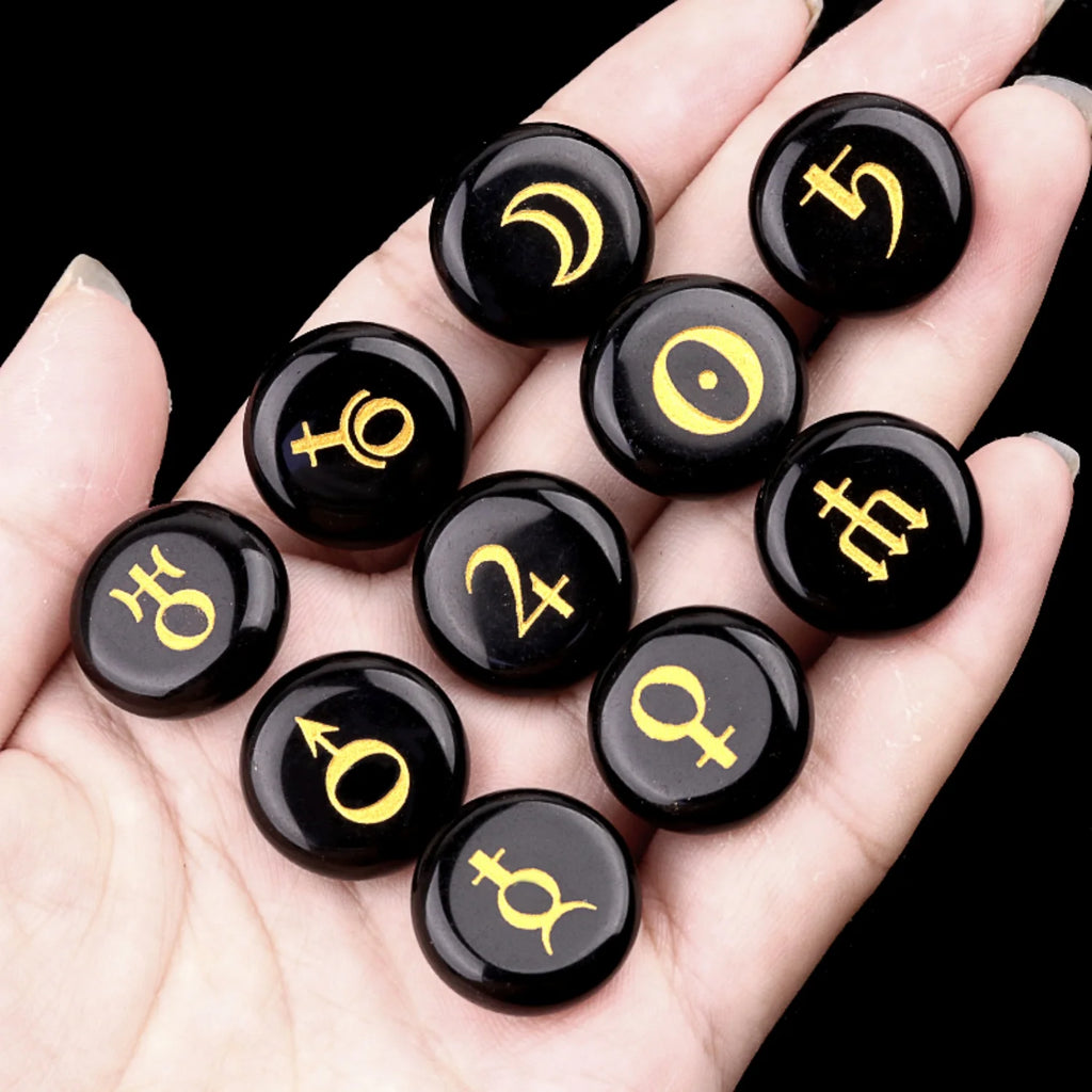 Astrology Planet Symbol Stone Set | 10 Natural Crystal Stones | Healing & Meditation Gift