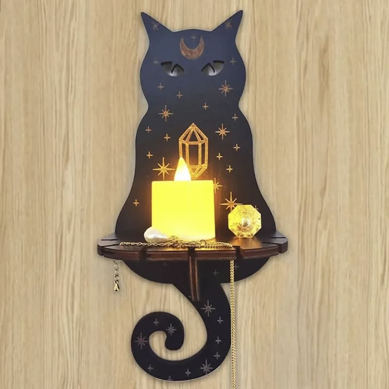 Black cat mystical wall shelf with crystal and candle - boho home decor - MysticGems
