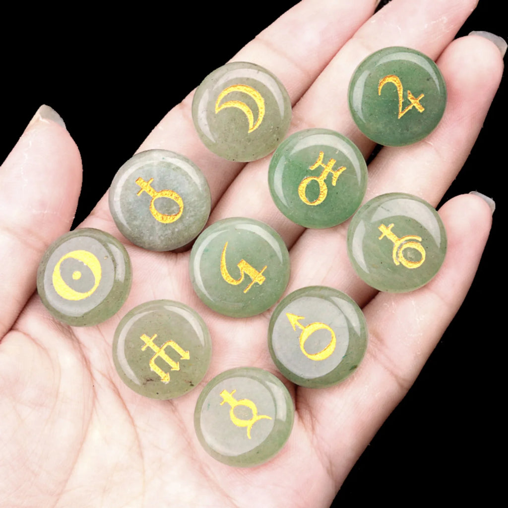 Astrology Planet Symbol Stone Set | 10 Natural Crystal Stones | Healing & Meditation Gift