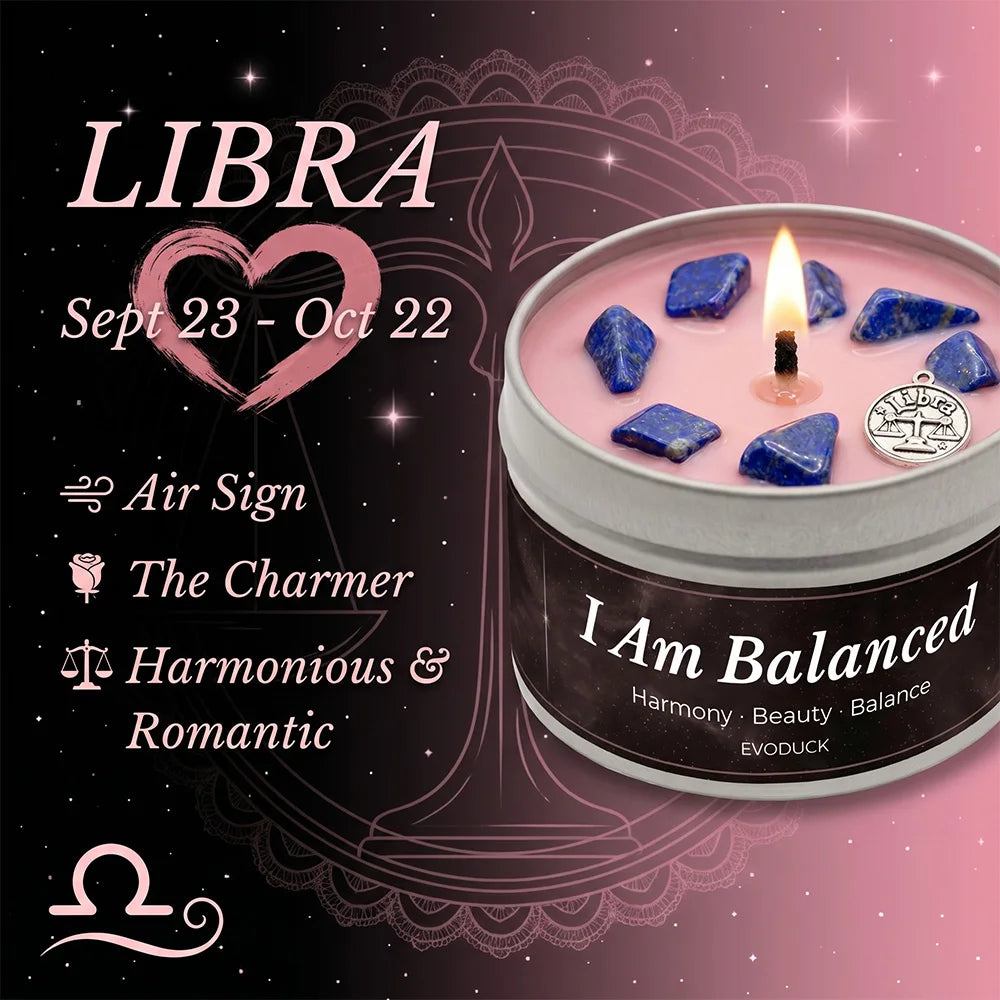Libra zodiac scented candle with rose amber fragrance and lapis lazuli crystals - MysticGems