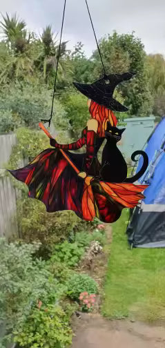 Mystical witch and black cat suncatcher outdoor setting - colorful boho window hanging - MysticGems